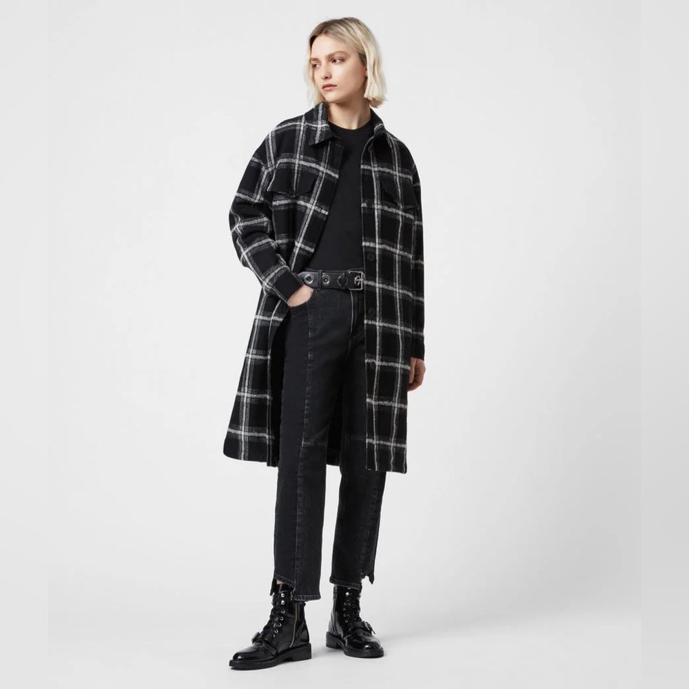 ALL SAINTS Nia Mono Wool Plaid Barn Coat NWT